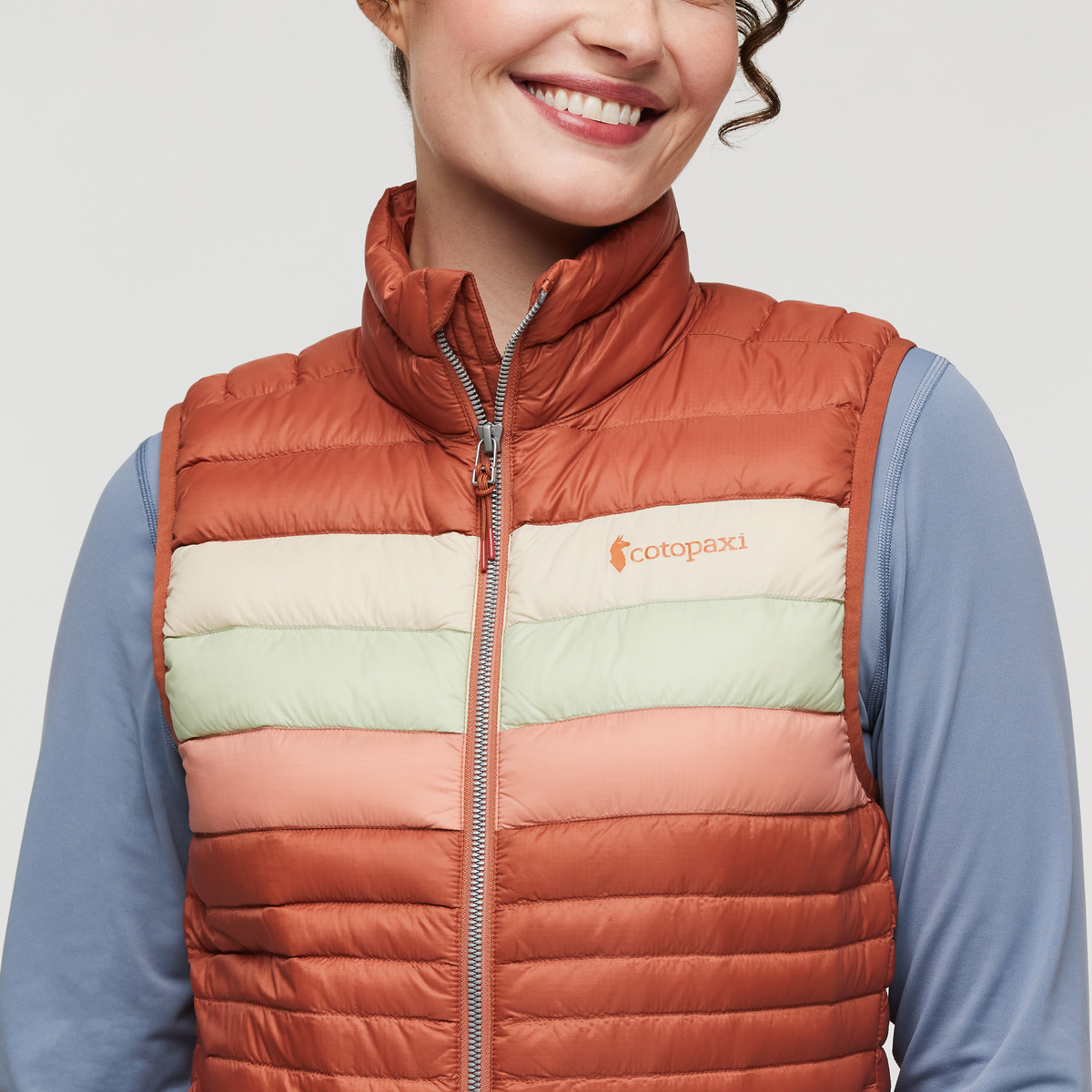 Fuego Down Vest - Women's, Faded Brick Stripes, Model Courtney