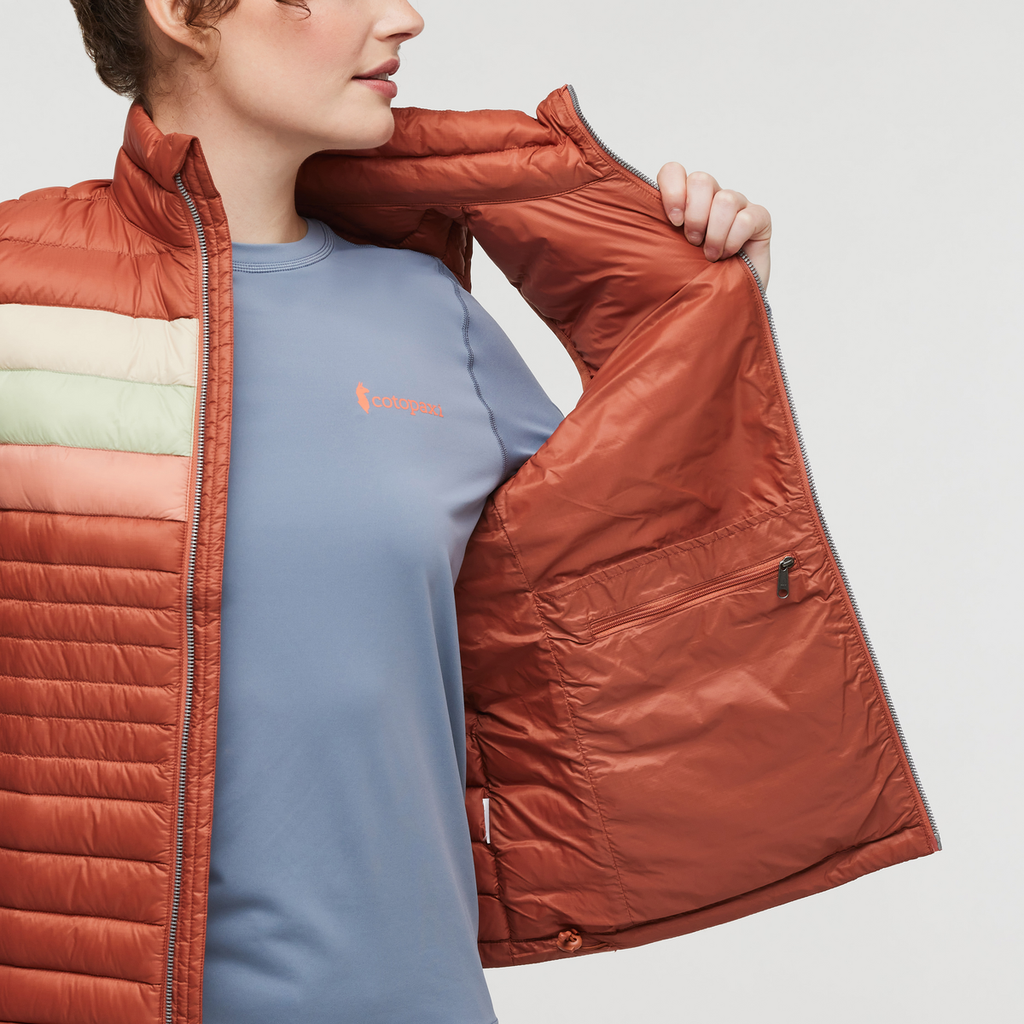 Fuego Down Vest - Women's, Faded Brick Stripes, Model Courtney