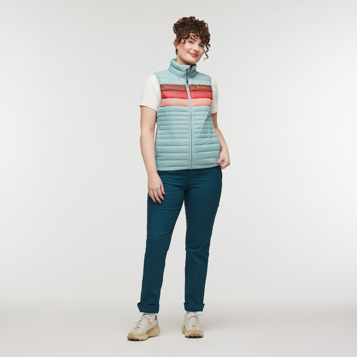 Fuego Down Vest - Women's, Sea Spray Stripes, Model Courtney