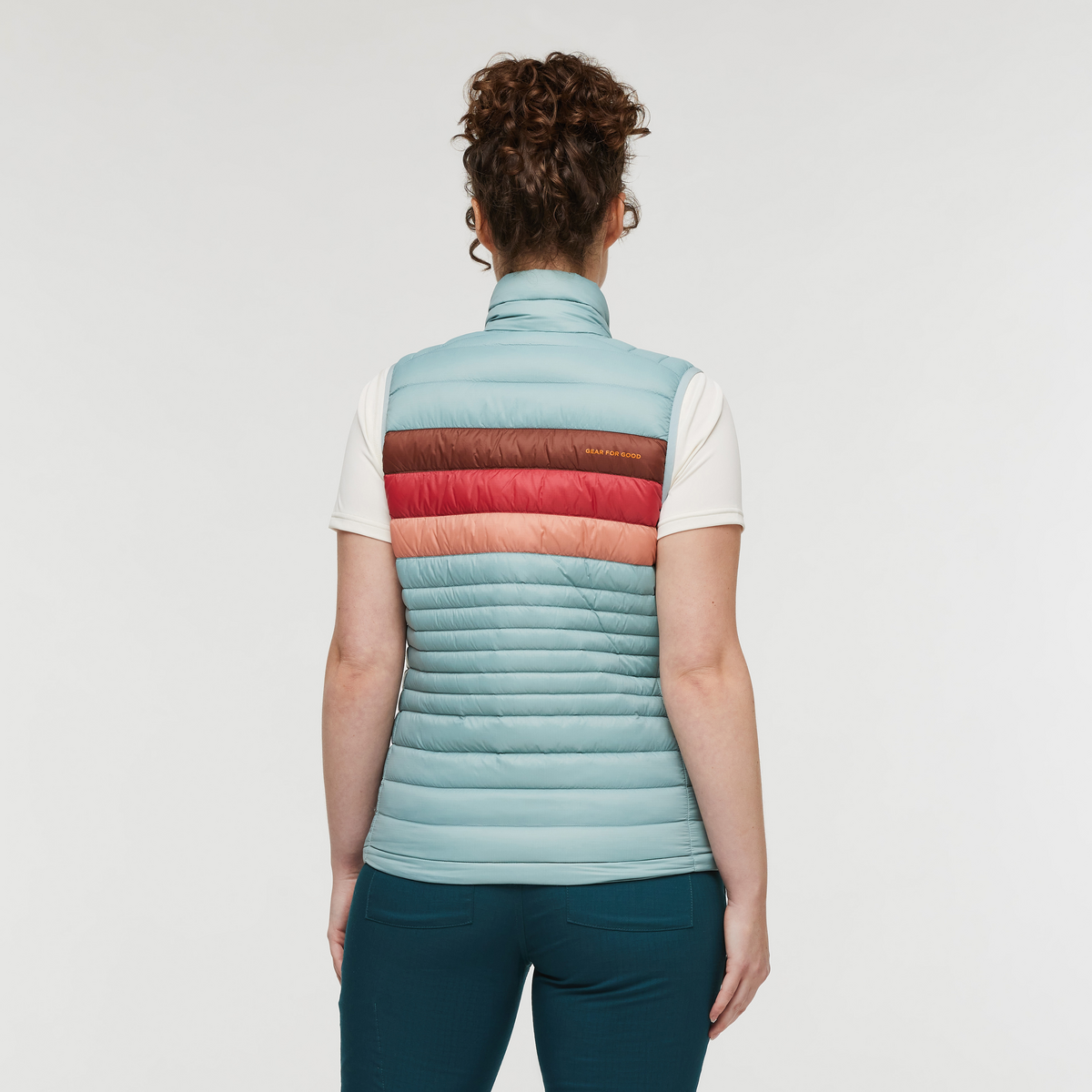 Fuego Down Vest - Women's, Sea Spray Stripes, Model Courtney