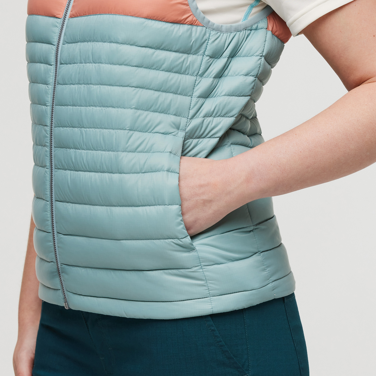 Fuego Down Vest - Women's, Sea Spray Stripes, Model Courtney