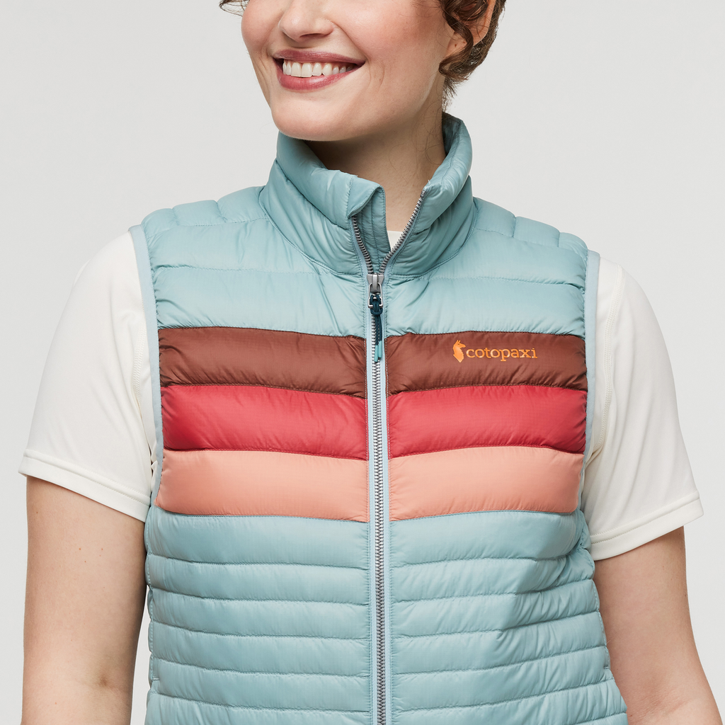 Fuego Down Vest - Women's, Sea Spray Stripes, Model Courtney