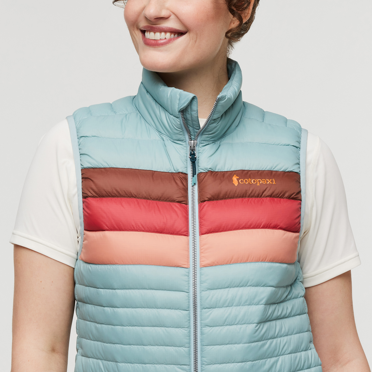 Fuego Down Vest - Women's, Sea Spray Stripes, Model Courtney