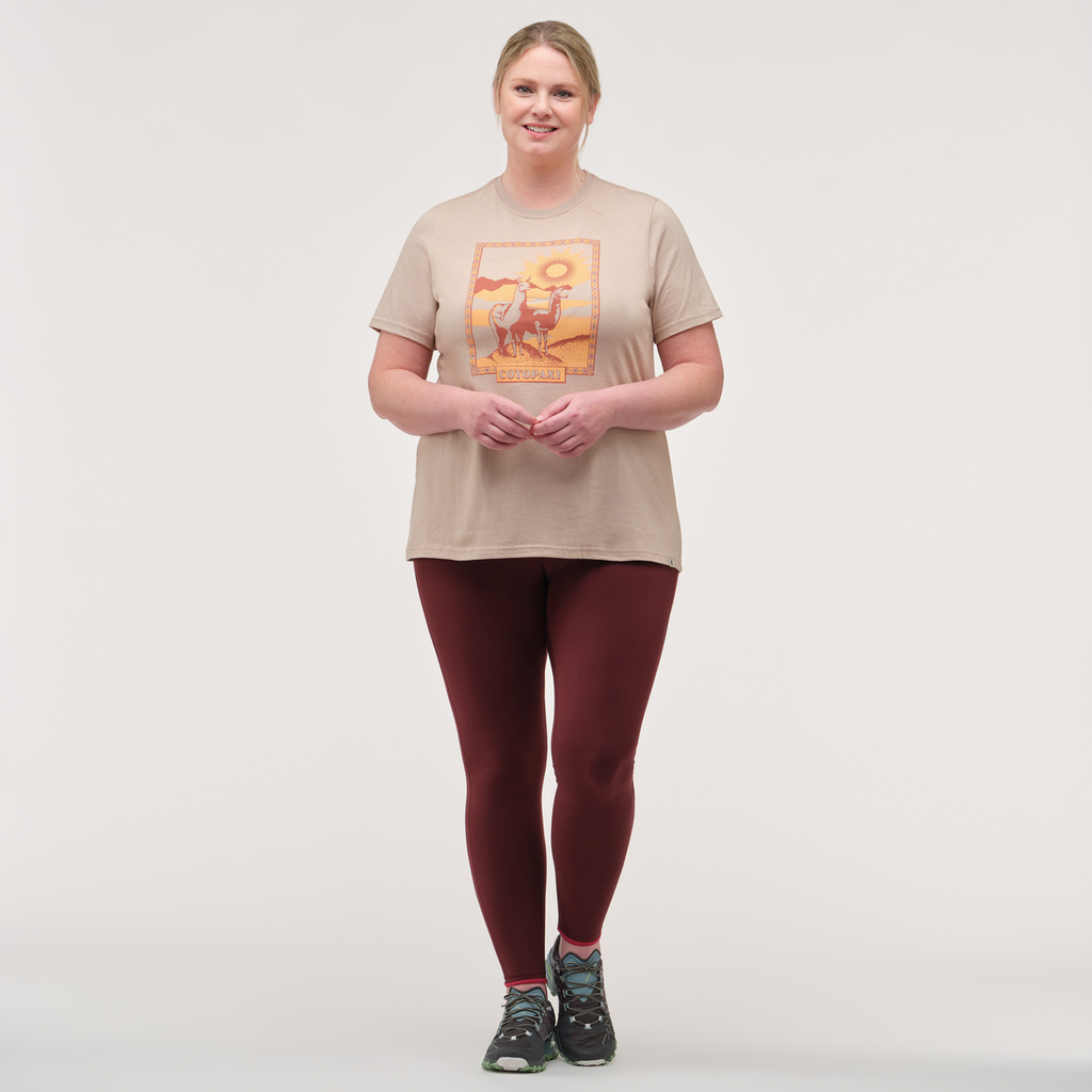 Llama Greetings T-Shirt - Women's, Oatmeal, Model Jennifer