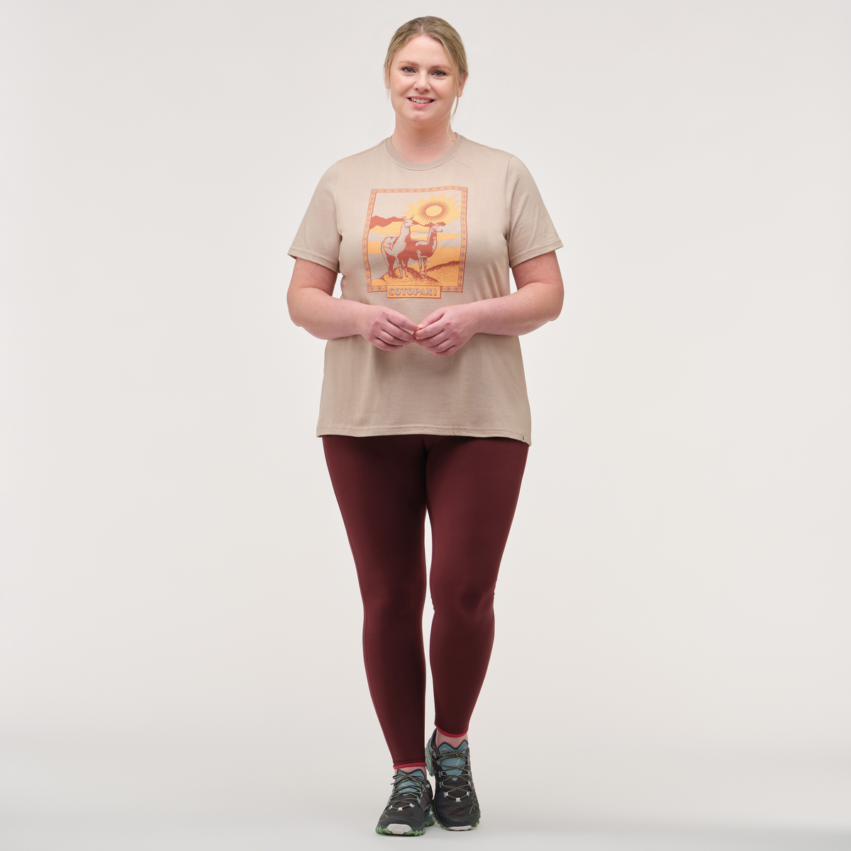Llama Greetings T-Shirt - Women's, Oatmeal, Model Jennifer