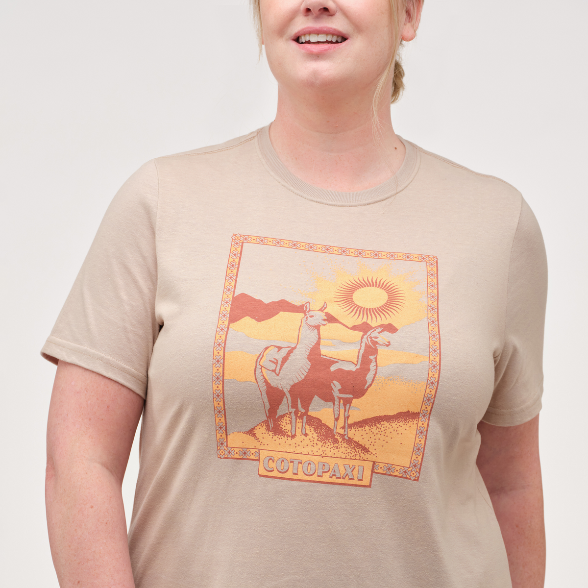 Llama Greetings T-Shirt - Women's, Oatmeal, Model Jennifer