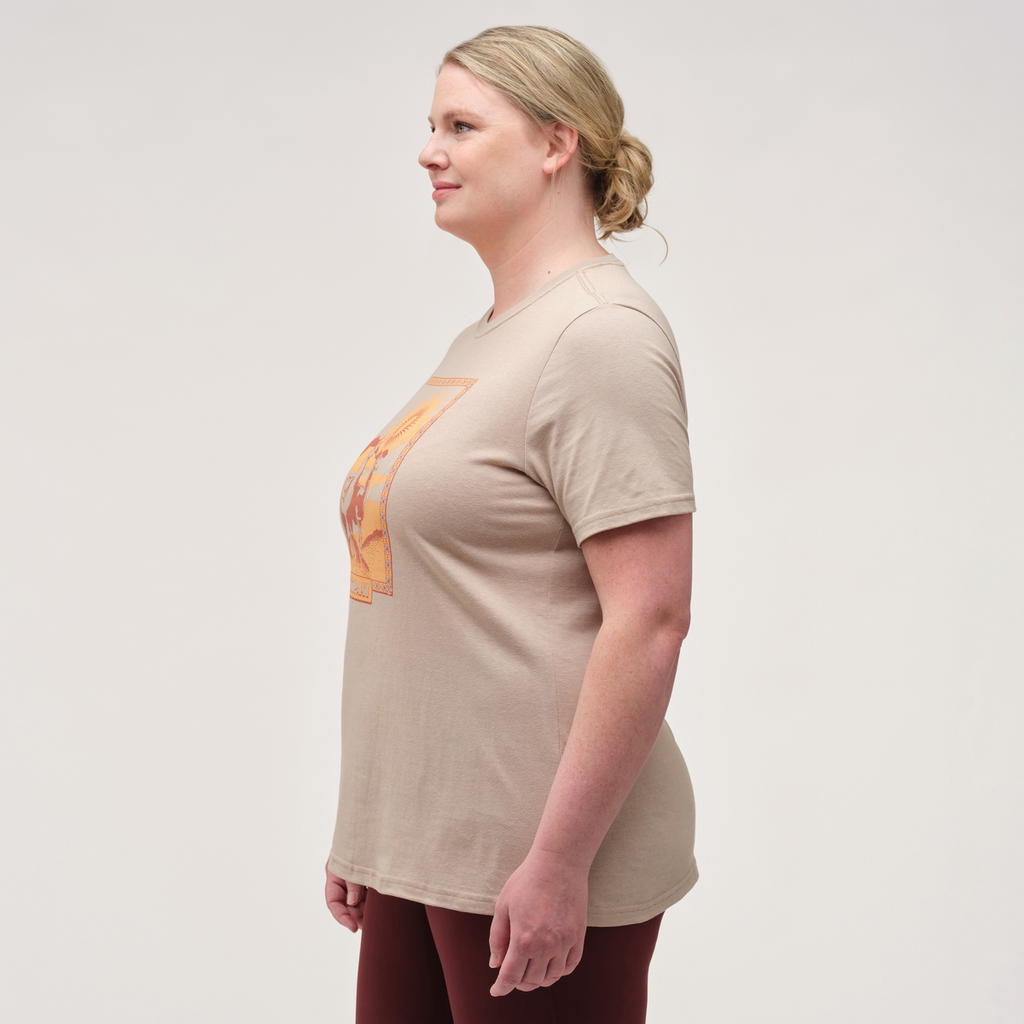Llama Greetings T-Shirt - Women's, Oatmeal, Model Jennifer