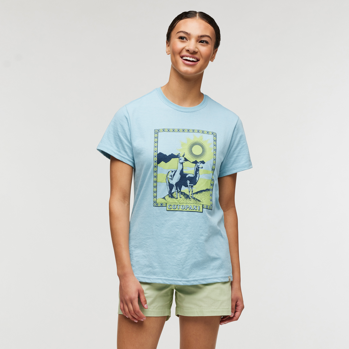 Llama Greetings T-Shirt - Women's, Sea Spray, Model London