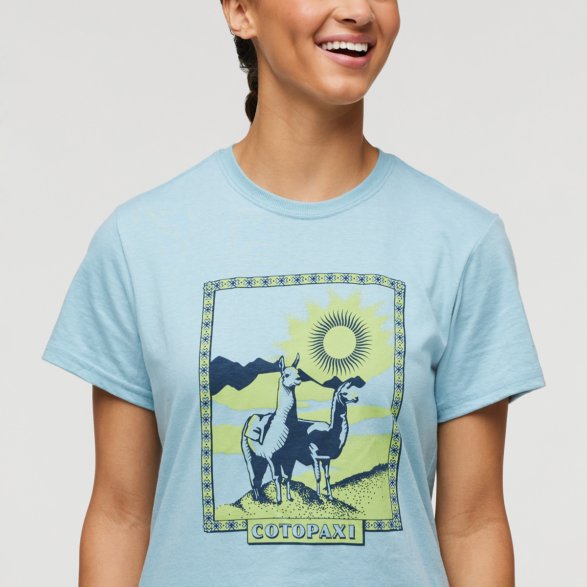 Llama Greetings T-Shirt - Women's, Sea Spray, Model London