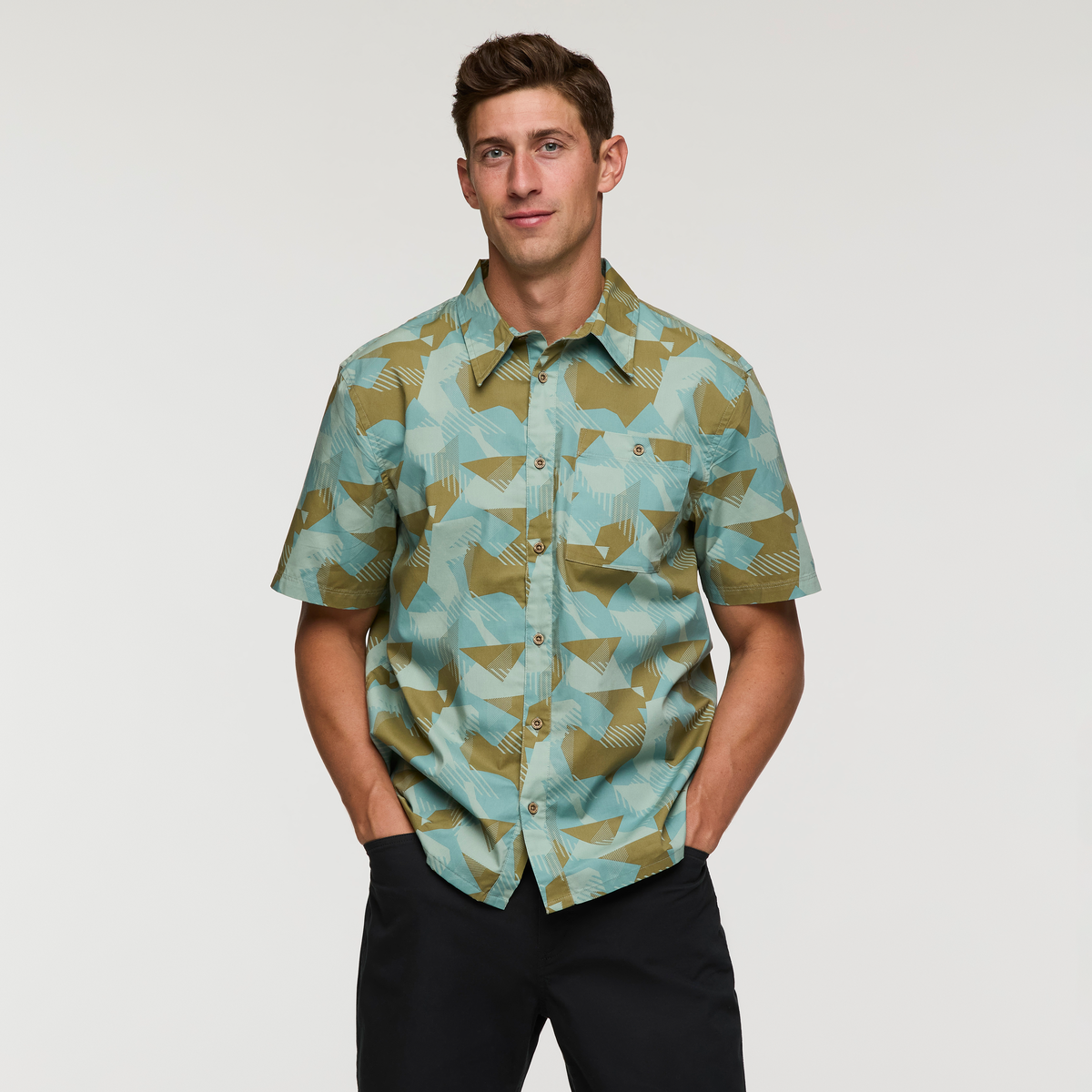 Estival Button Up Shirt - Print - Men's, Reflections Silver Leaf, Model Jackson