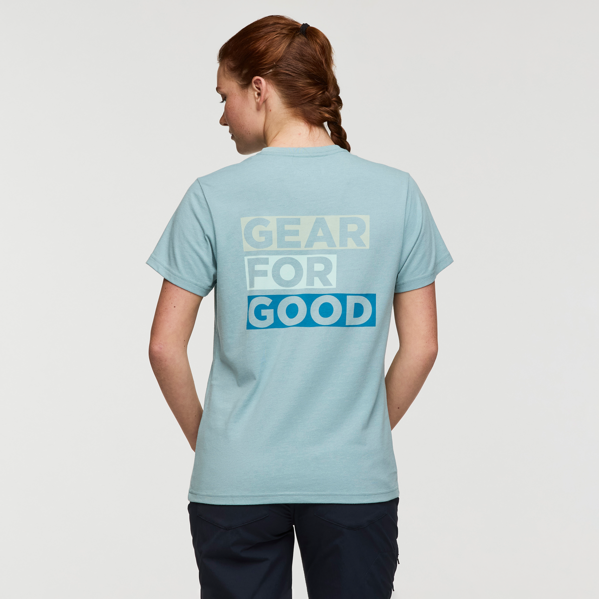 Gear For Good Stripes T-Shirt, Sea Spray, Model Caitlyn