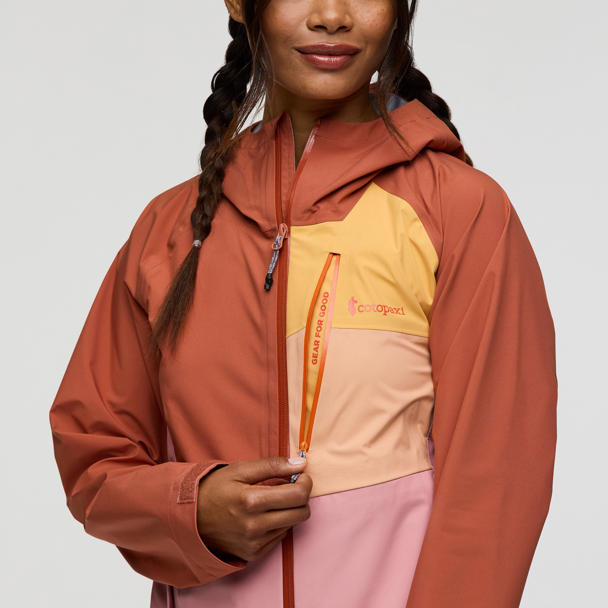 Impermeo 3L Hooded Shell Jacket - Women's, Faded Brick/Rose, Model Jade