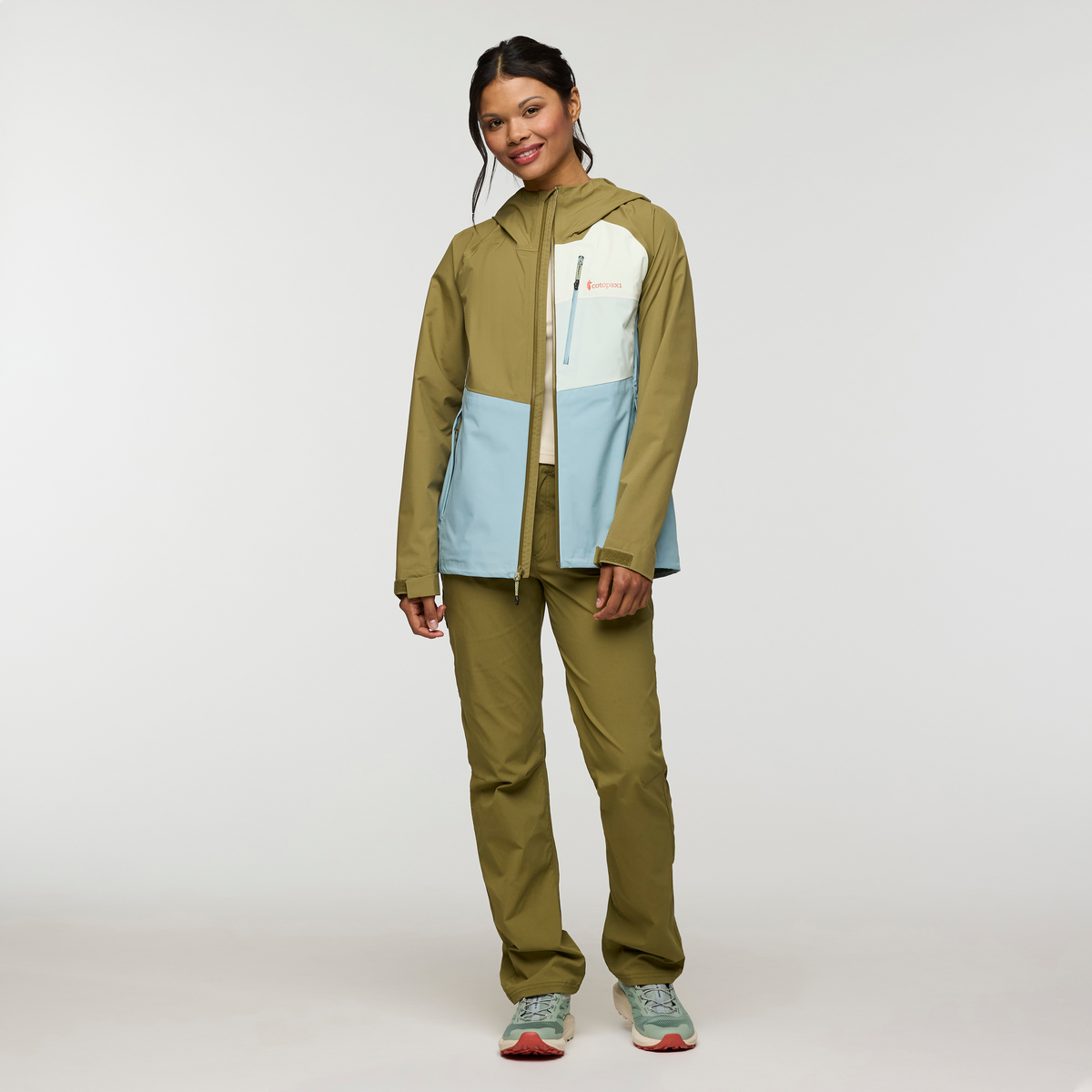 Impermeo 3L Hooded Shell Jacket - Women's, Moss/Sea Spray, Model Jade, shoppable