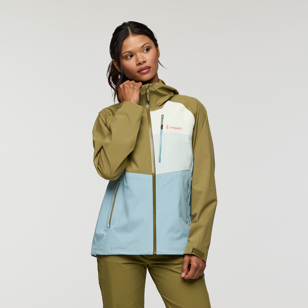 Impermeo 3L Hooded Shell Jacket - Women's, Moss/Sea Spray, Model Jade