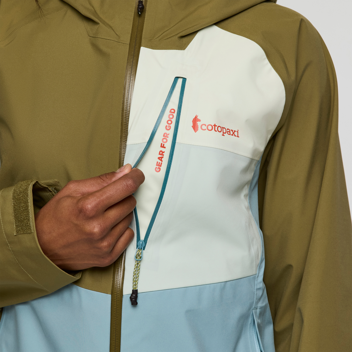 Impermeo 3L Hooded Shell Jacket - Women's, Moss/Sea Spray, Model Jade