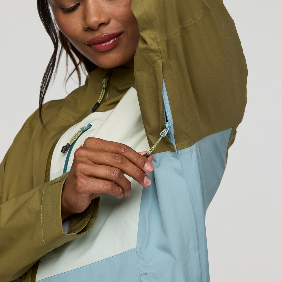 Impermeo 3L Hooded Shell Jacket - Women's, Moss/Sea Spray, Model Jade