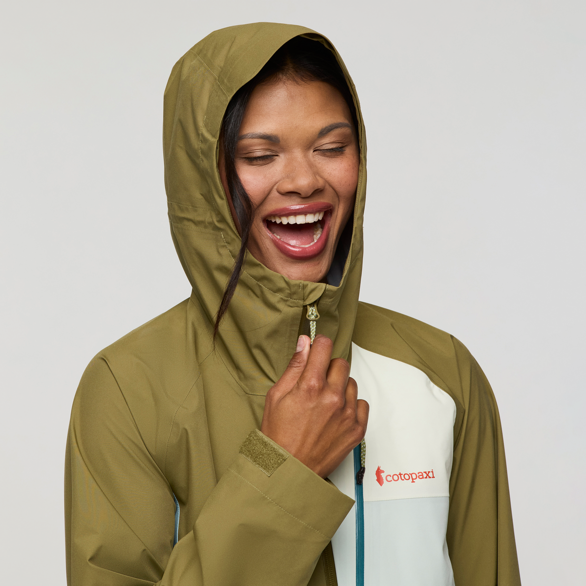 Impermeo 3L Hooded Shell Jacket - Women's, Moss/Sea Spray, Model Jade