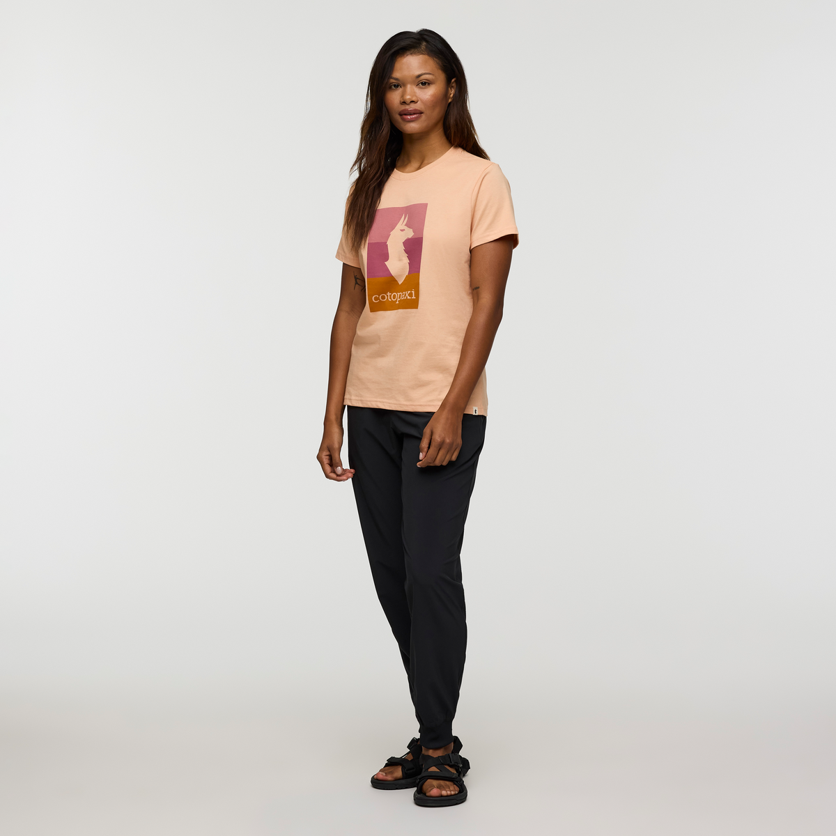 Llama Block T-Shirt - Women's, Apricot, Model Jade