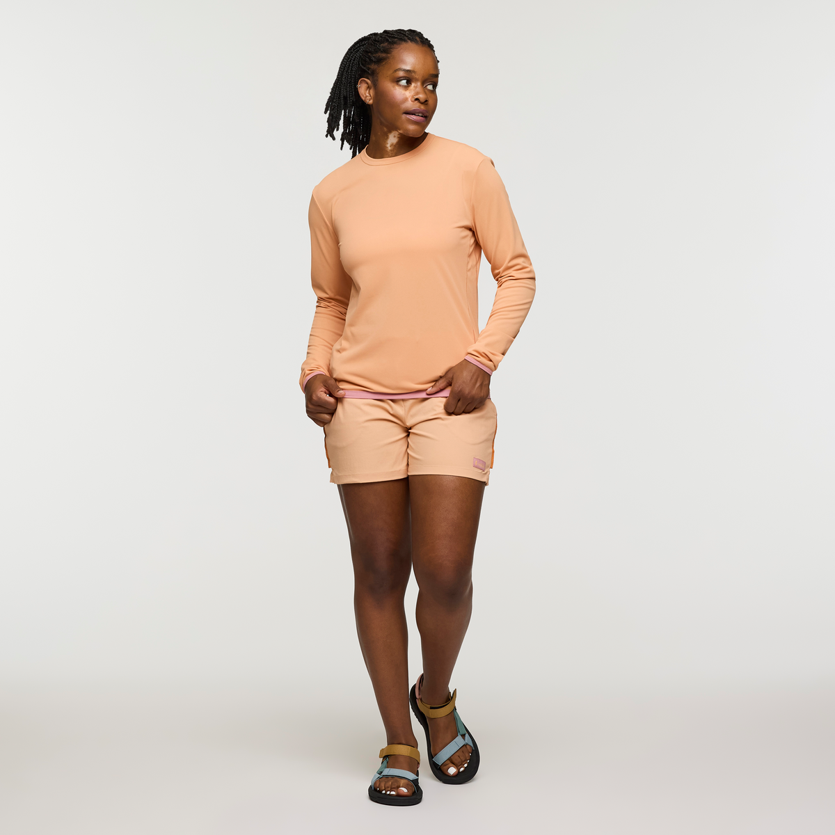Sombra Long-Sleeve Sun Shirt, Apricot, Model Nadine, shoppable