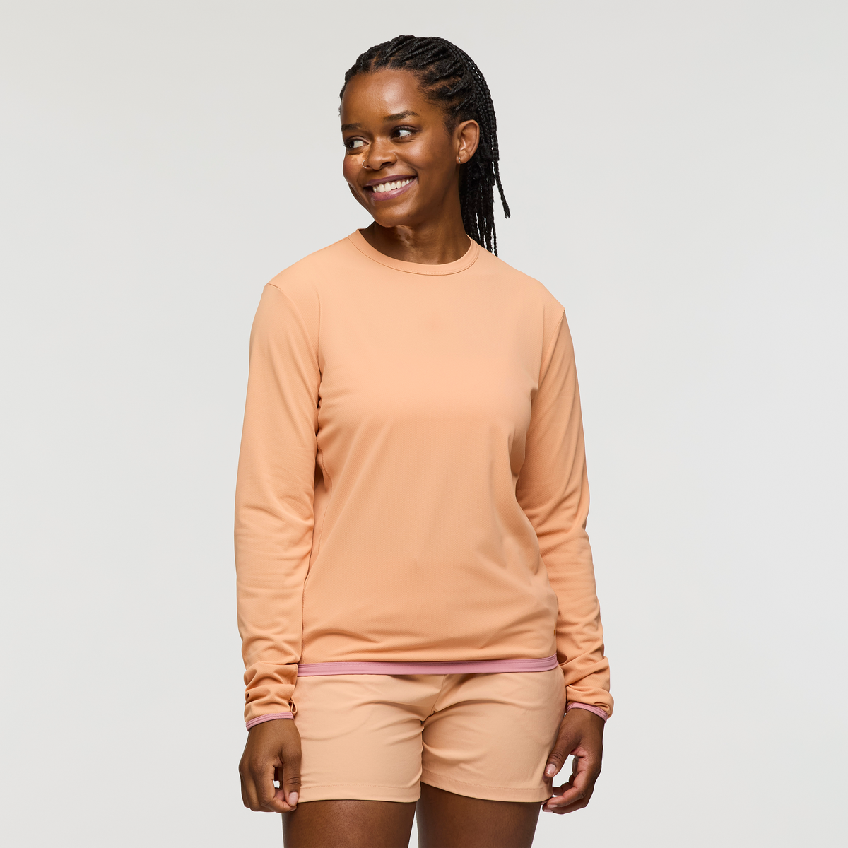 Sombra Long-Sleeve Sun Shirt, Apricot, Model Nadine