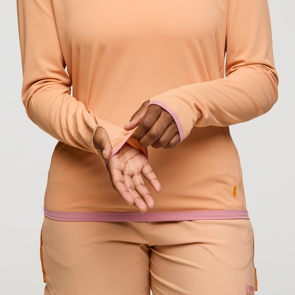 Sombra Long-Sleeve Sun Shirt, Apricot, Model Nadine