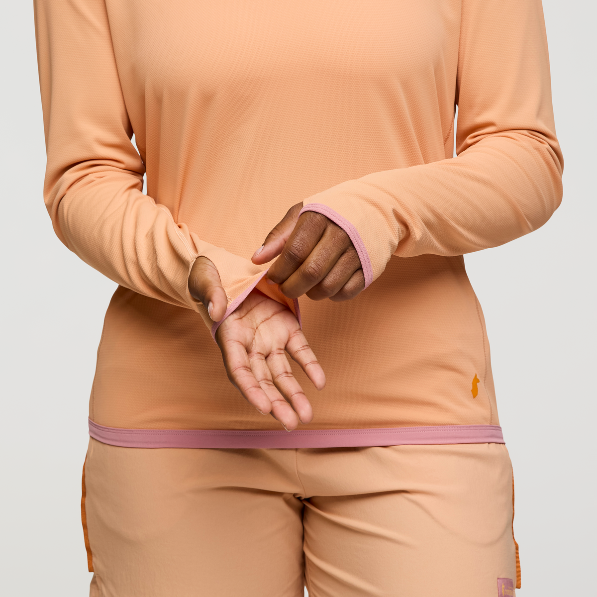 Sombra Long-Sleeve Sun Shirt, Apricot, Model Nadine