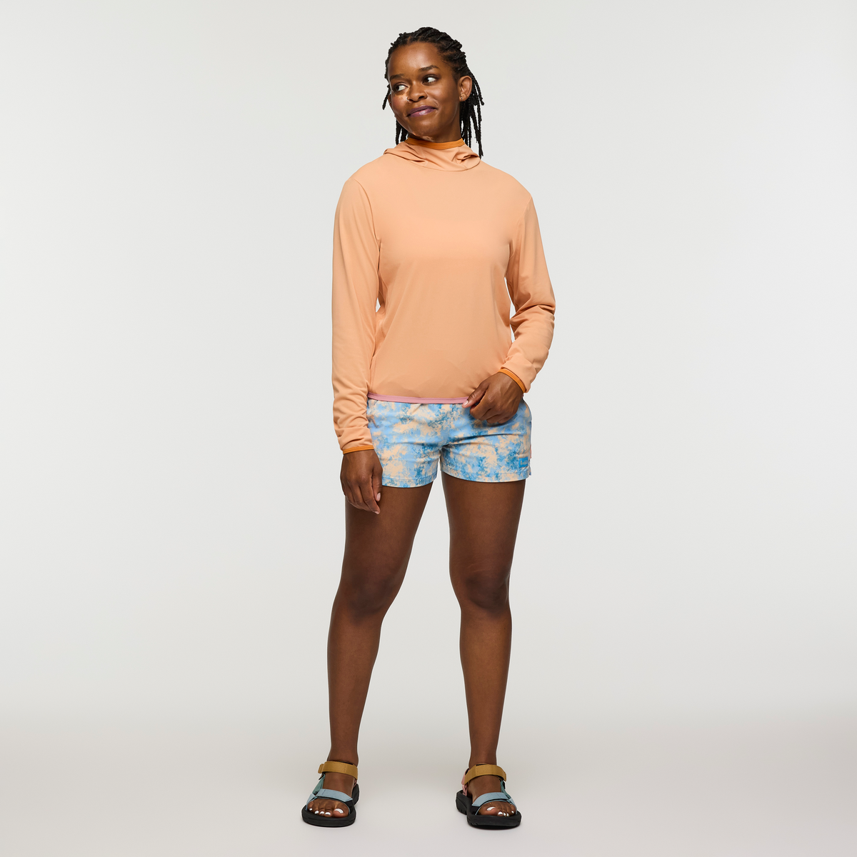 Sombra Sun Hoodie - Women's, Apricot, Model Nadine, shoppable