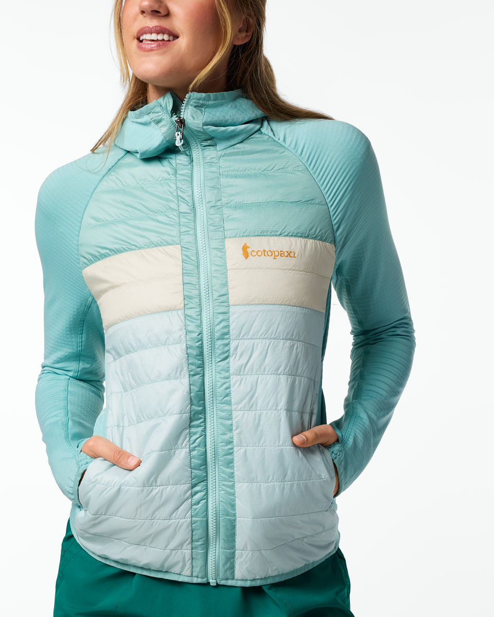 Capa Hybrid Insulated Hooded Jacket - Women's, Tide Pool/Surf, Model Ellen