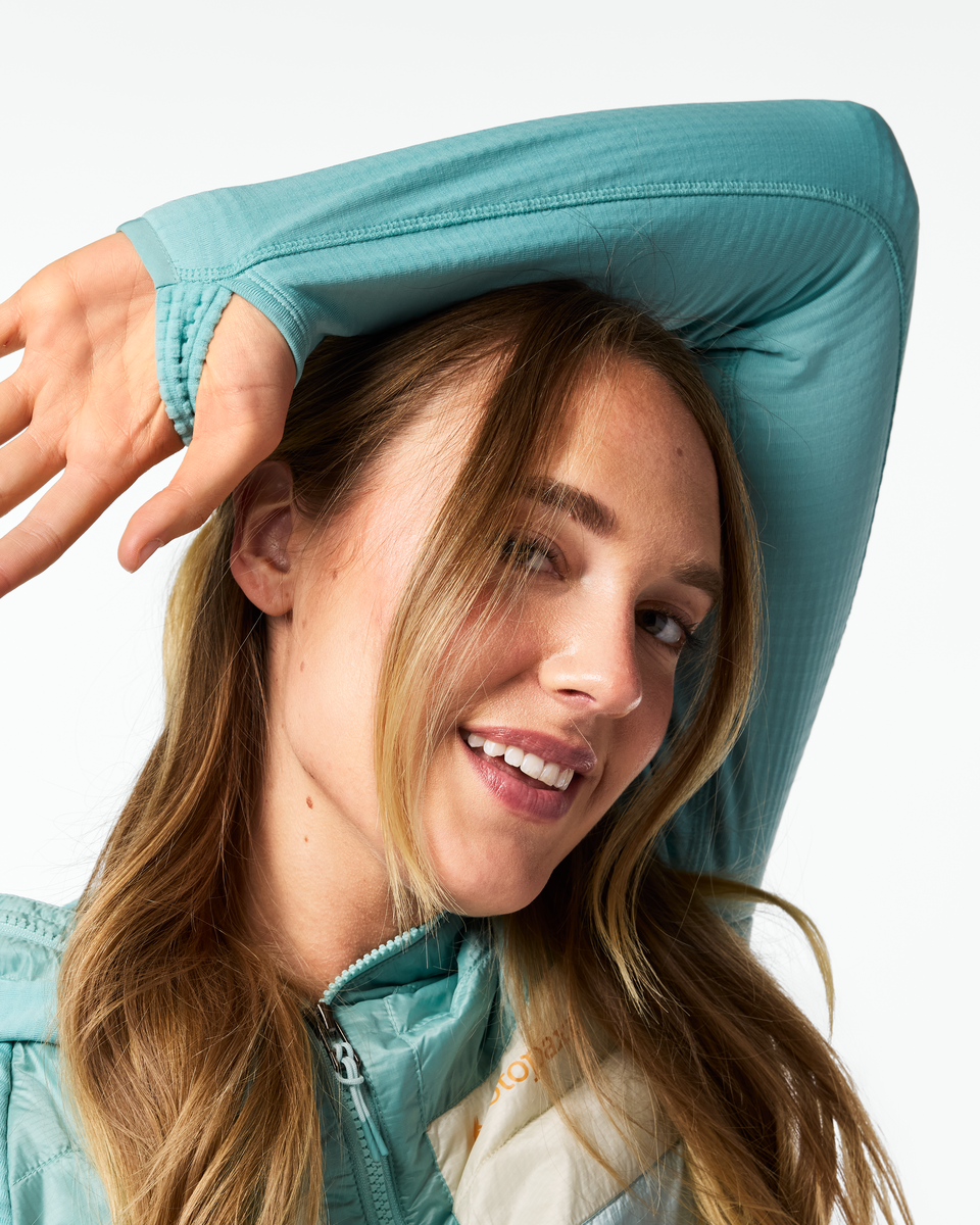 Capa Hybrid Insulated Hooded Jacket - Women's, Tide Pool/Surf, Model Ellen