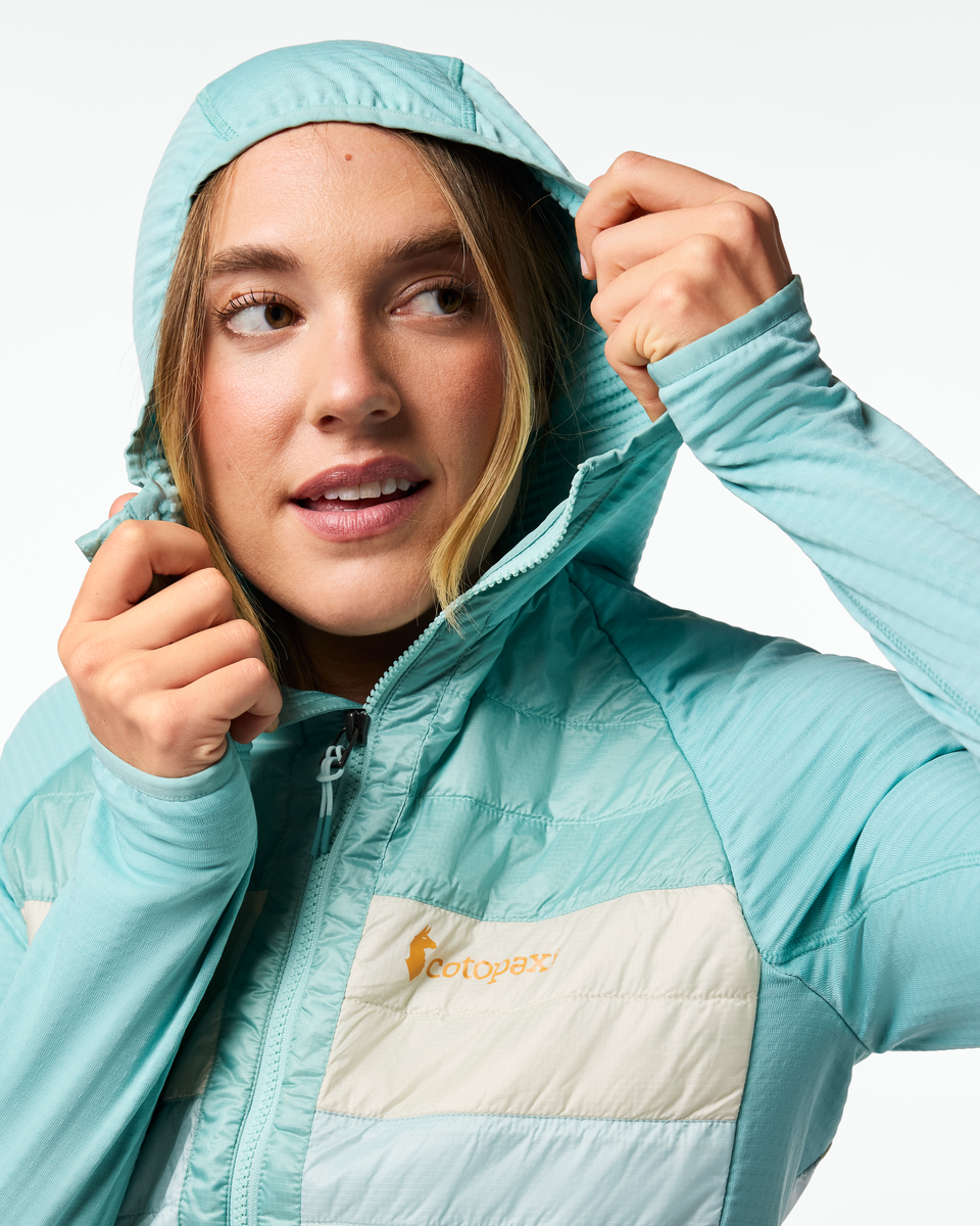 Capa Hybrid Insulated Hooded Jacket - Women's, Tide Pool/Surf, Model Ellen