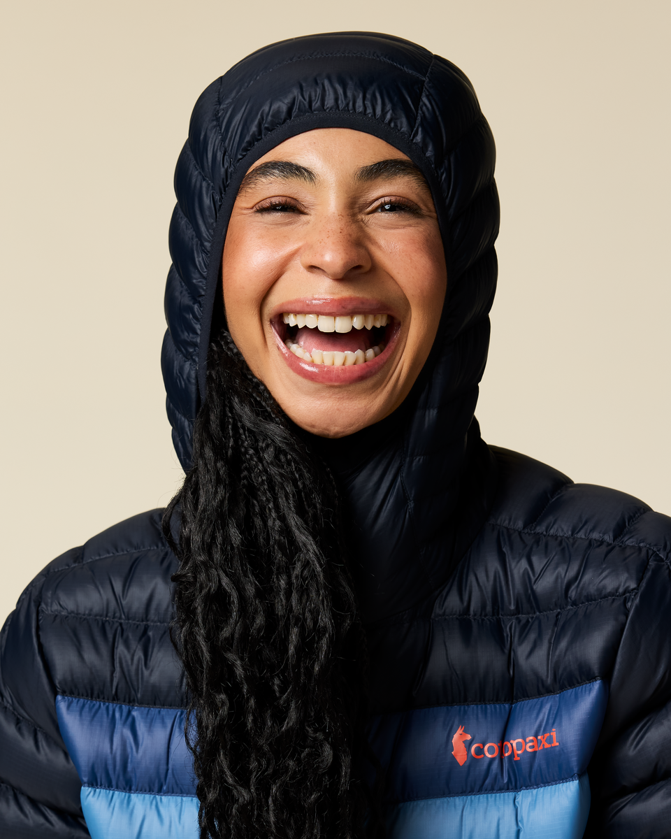 Fuego Down Hooded Jacket - Women's, Carbon Stripes, Model Kalu