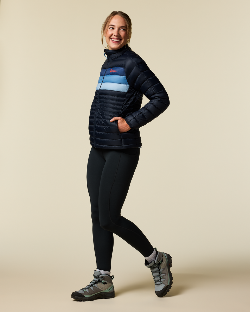 Fuego Down Jacket - Women's, Carbon Stripes, Model Ellen