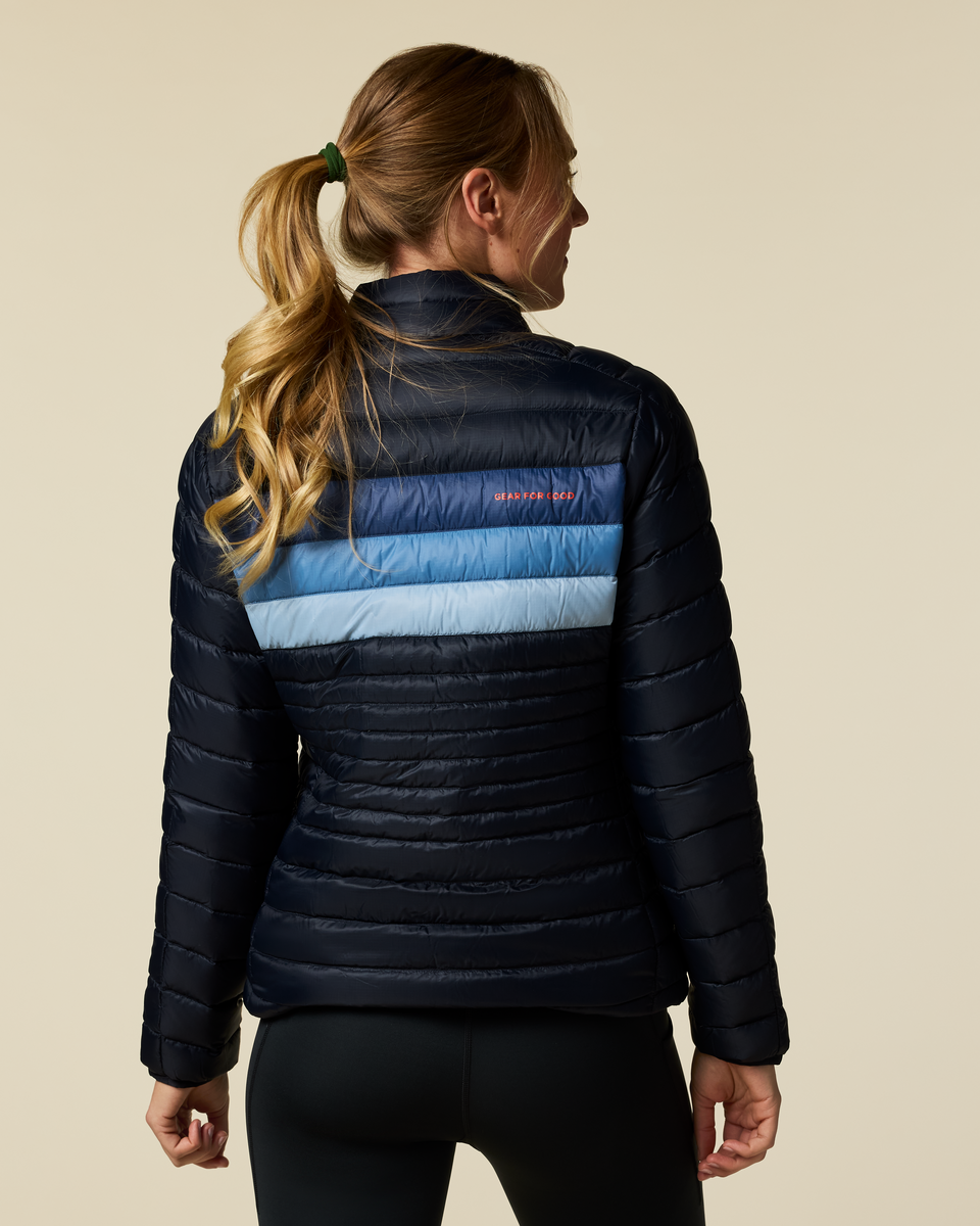 Fuego Down Jacket - Women's, Carbon Stripes, Model Ellen