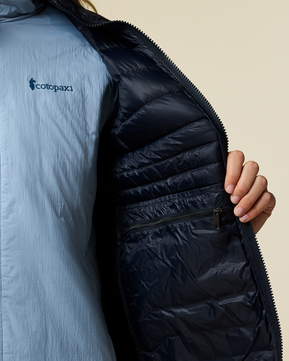 Fuego Down Jacket - Women's, Carbon Stripes, Model Ellen