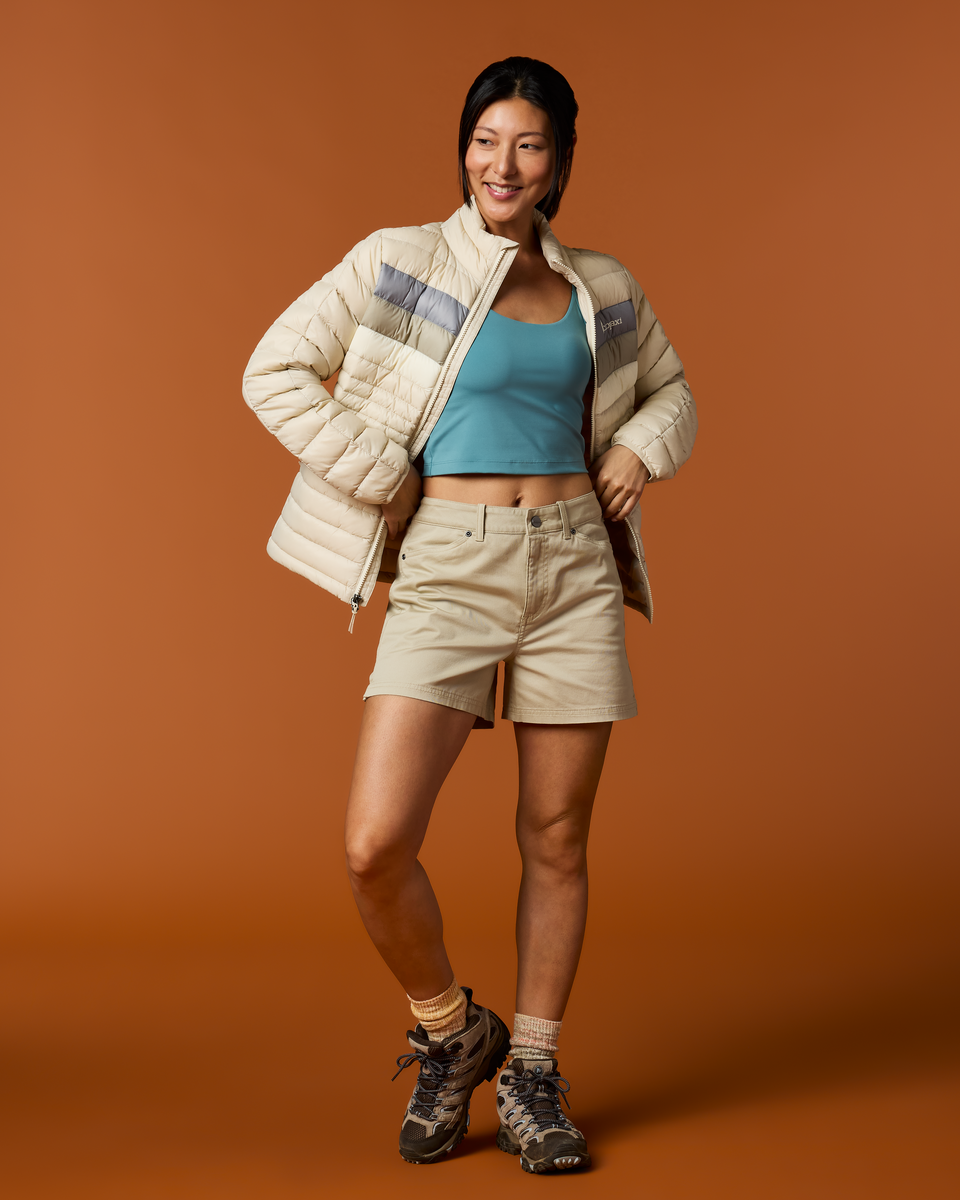 Fuego Down Jacket - Women's, Cream Stripes, Model Tiff
