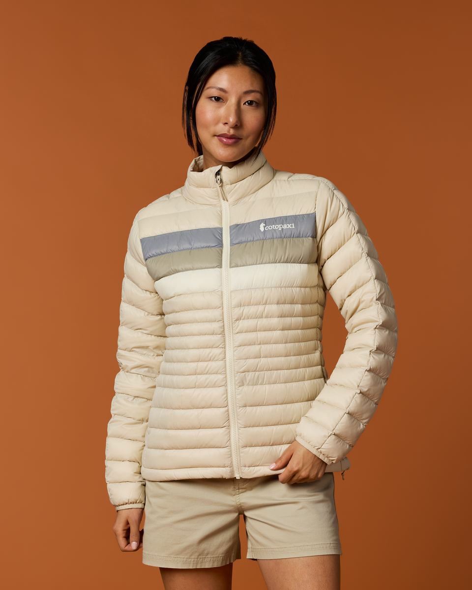 Fuego Down Jacket - Women's, Cream Stripes, Model Tiff