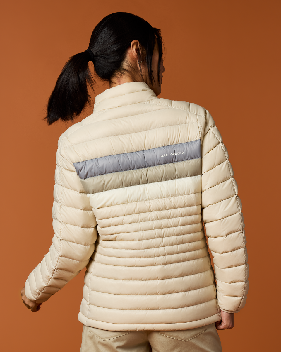 Fuego Down Jacket - Women's, Cream Stripes, Model Tiff