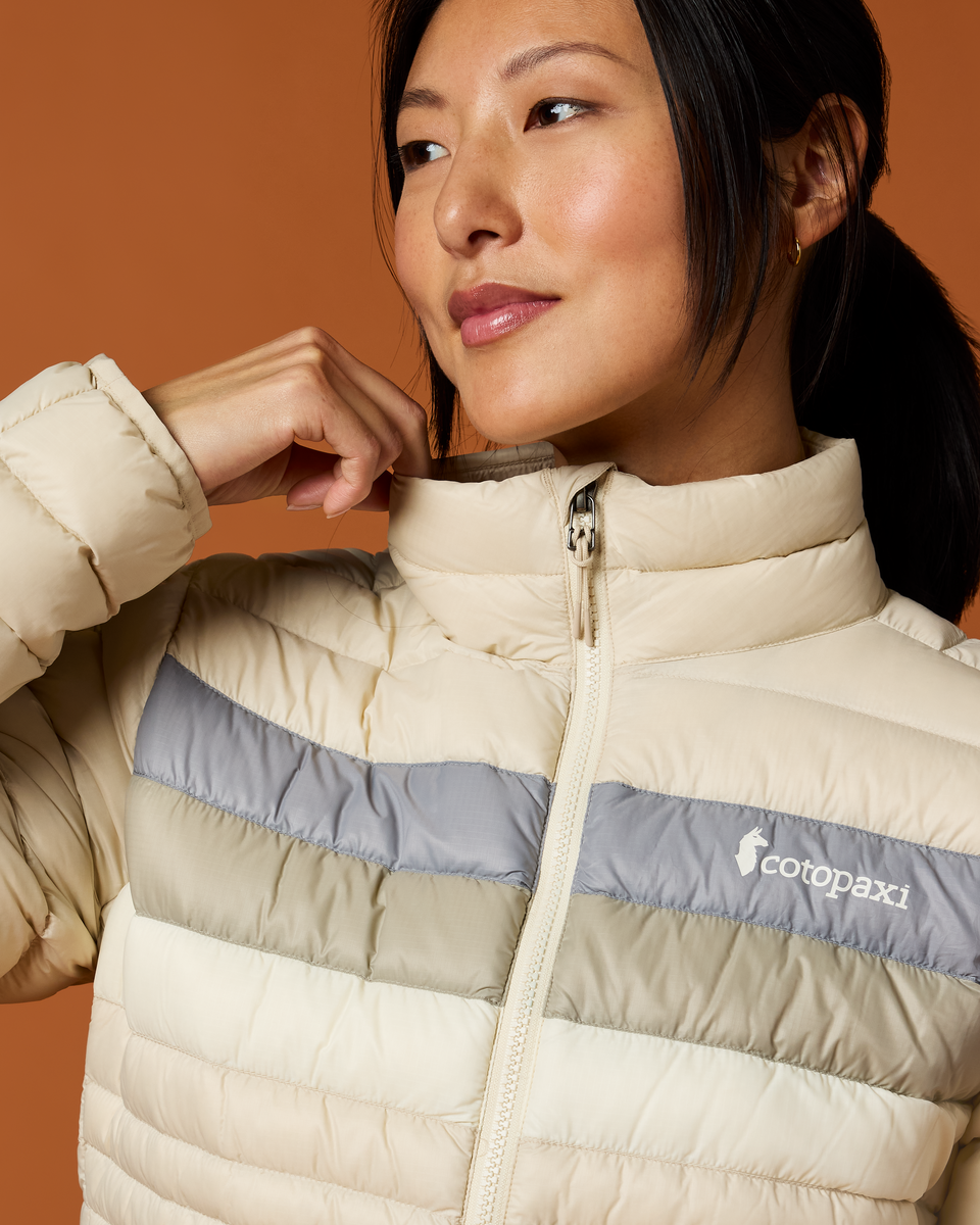 Fuego Down Jacket - Women's, Cream Stripes, Model Tiff