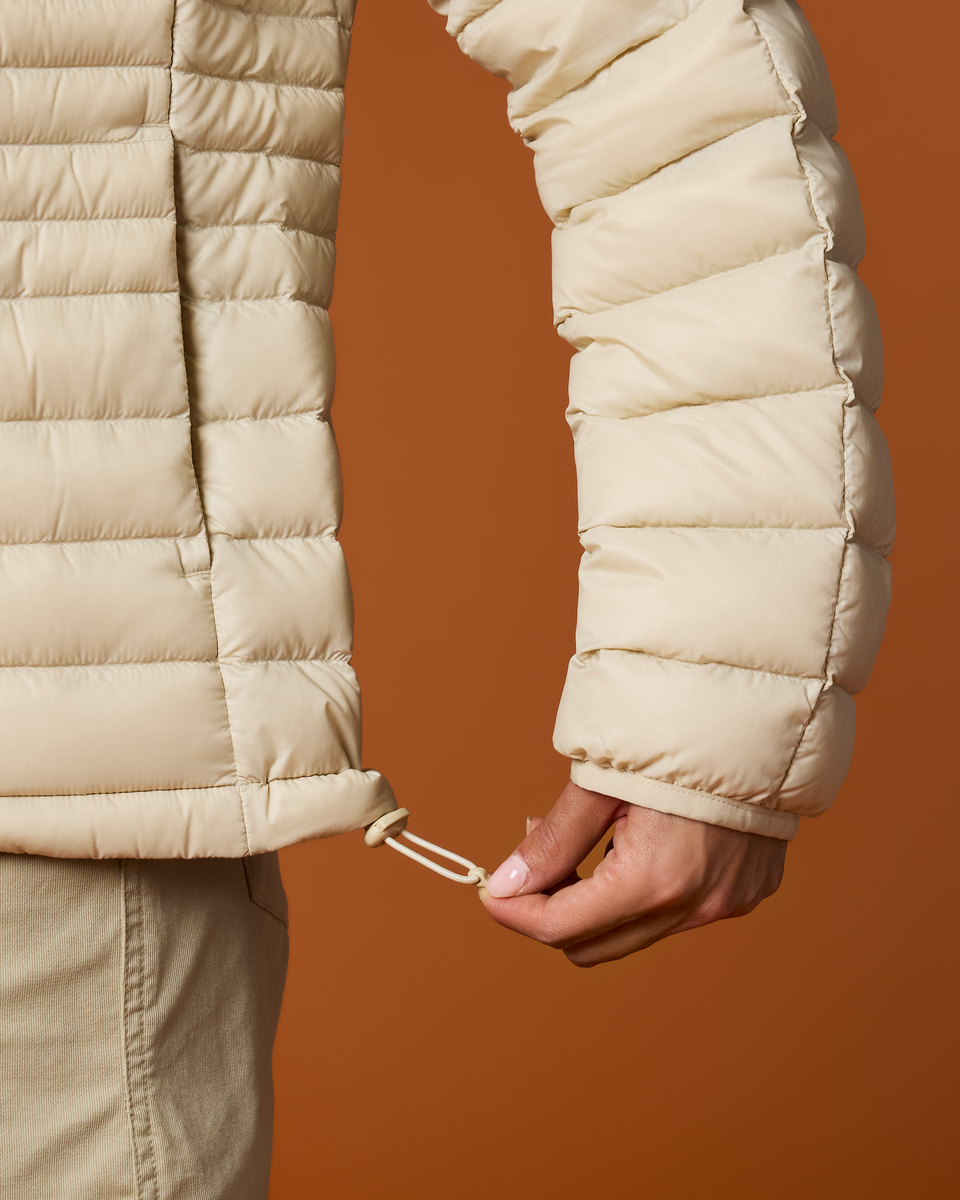 Fuego Down Jacket - Women's, Cream Stripes, Model Tiff