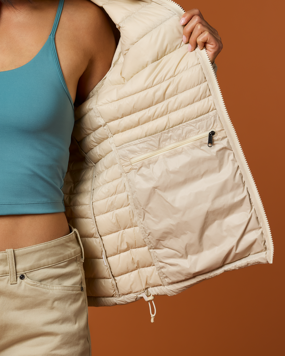 Fuego Down Jacket - Women's, Cream Stripes, Model Tiff