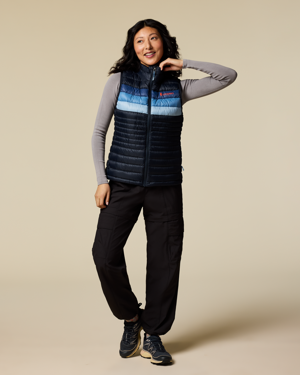 Fuego Down Vest - Women's, Carbon Stripes, Model Tiff