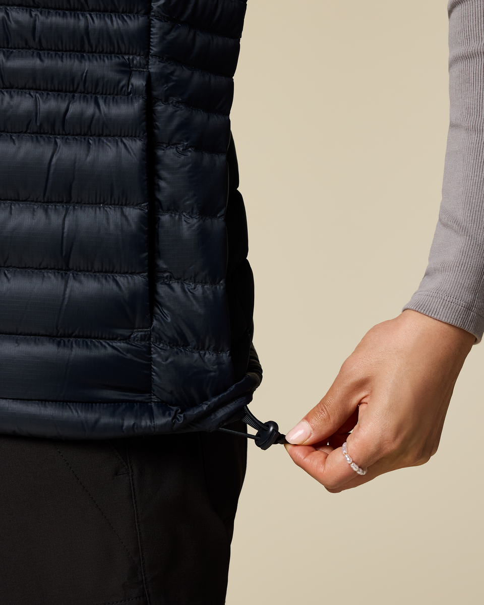 Fuego Down Vest - Women's, Carbon Stripes, Model Tiff