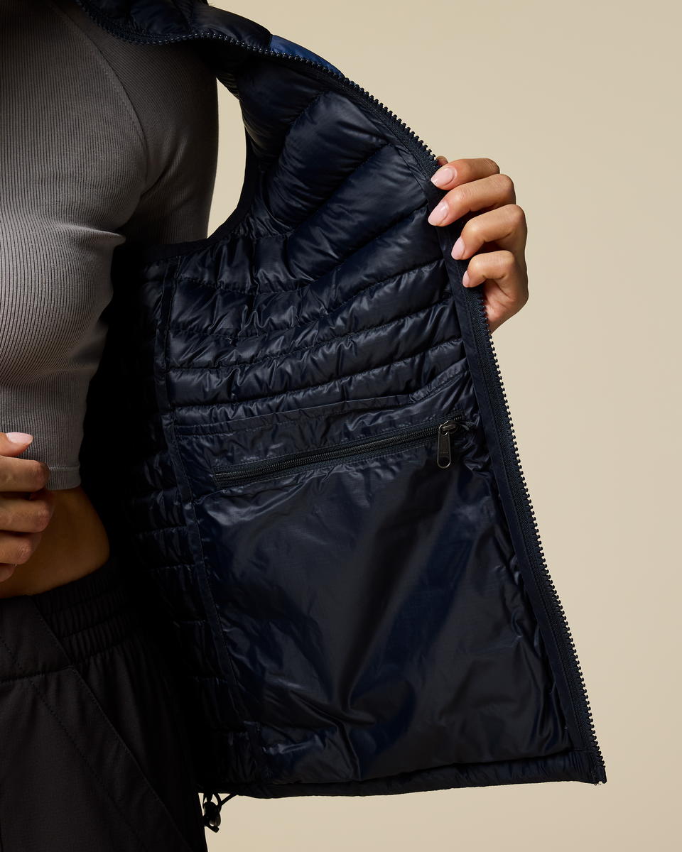 Fuego Down Vest - Women's, Carbon Stripes, Model Tiff