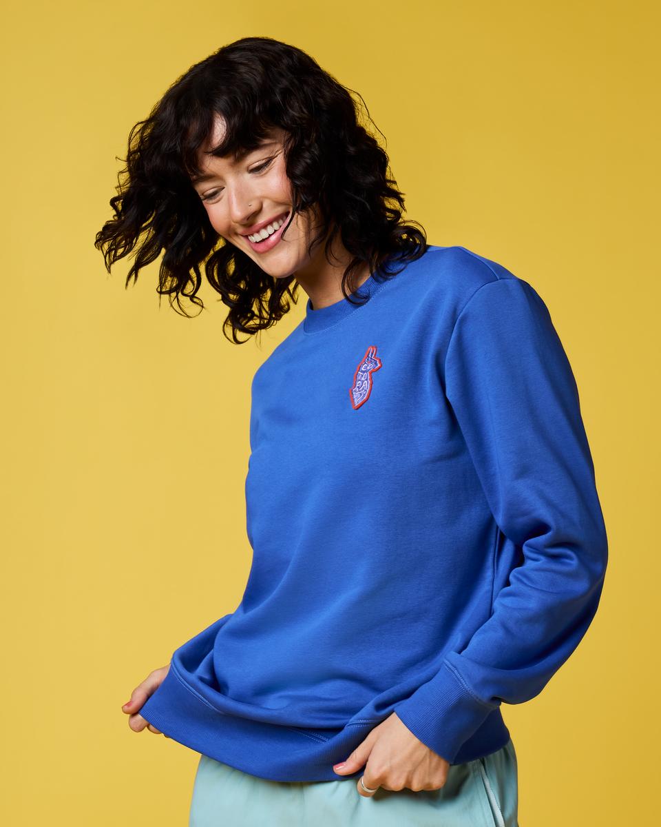 Lava Llama Crew Sweatshirt - Women's, Azure, Model Lola