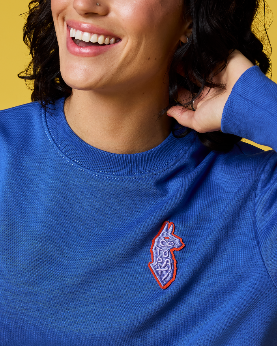 Lava Llama Crew Sweatshirt - Women's, Azure, Model Lola
