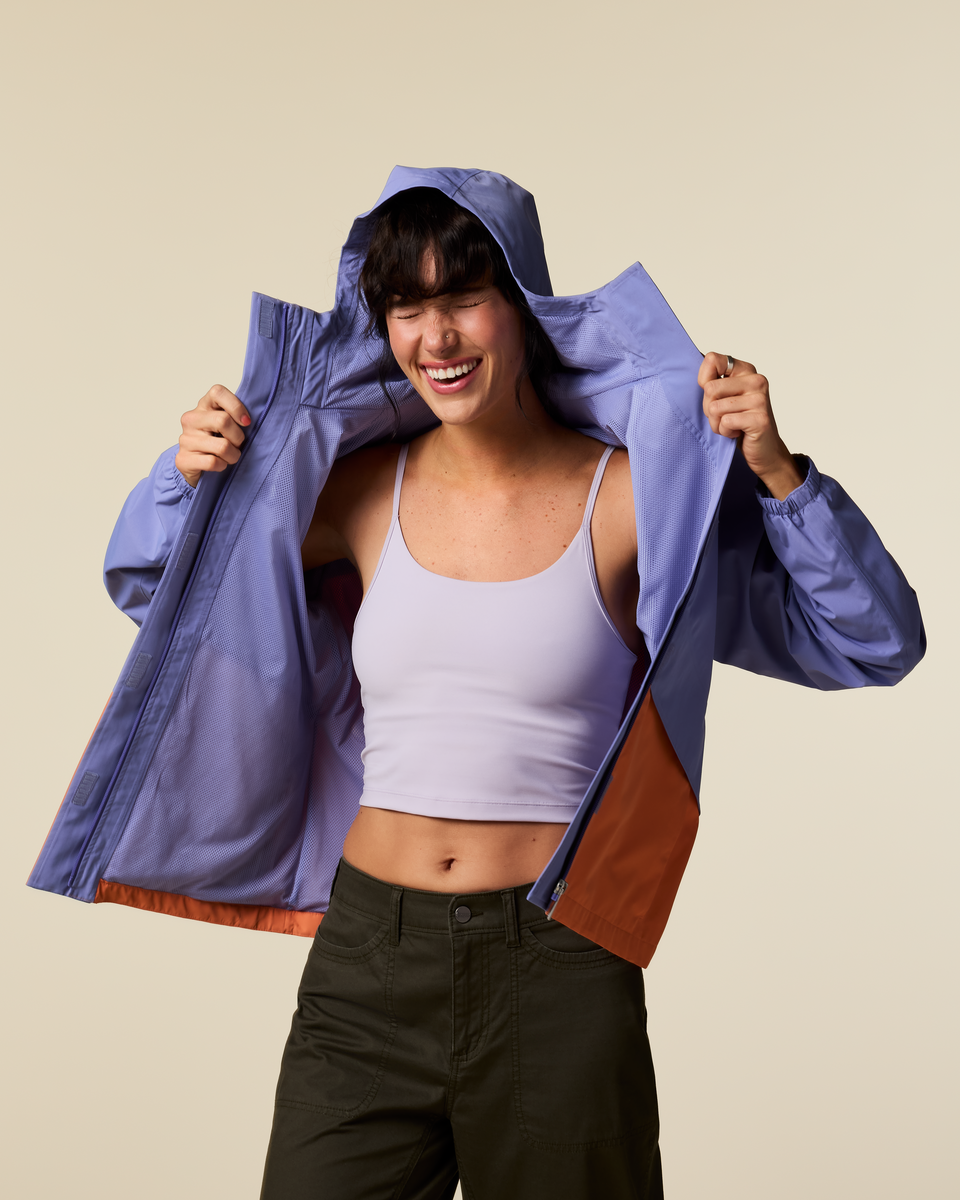 Rayu Rain Jacket - Women's, Aster/Grapefruit, Model Lola