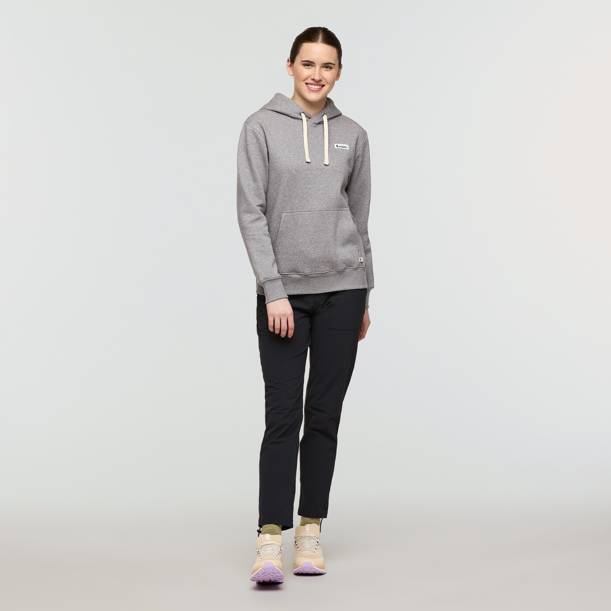 Llama Patch Pullover Hoodie - Women's, Heather Grey, Model Kathleen