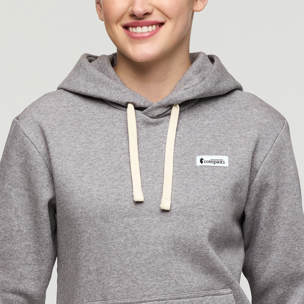 Llama Patch Pullover Hoodie - Women's, Heather Grey, Model Kathleen
