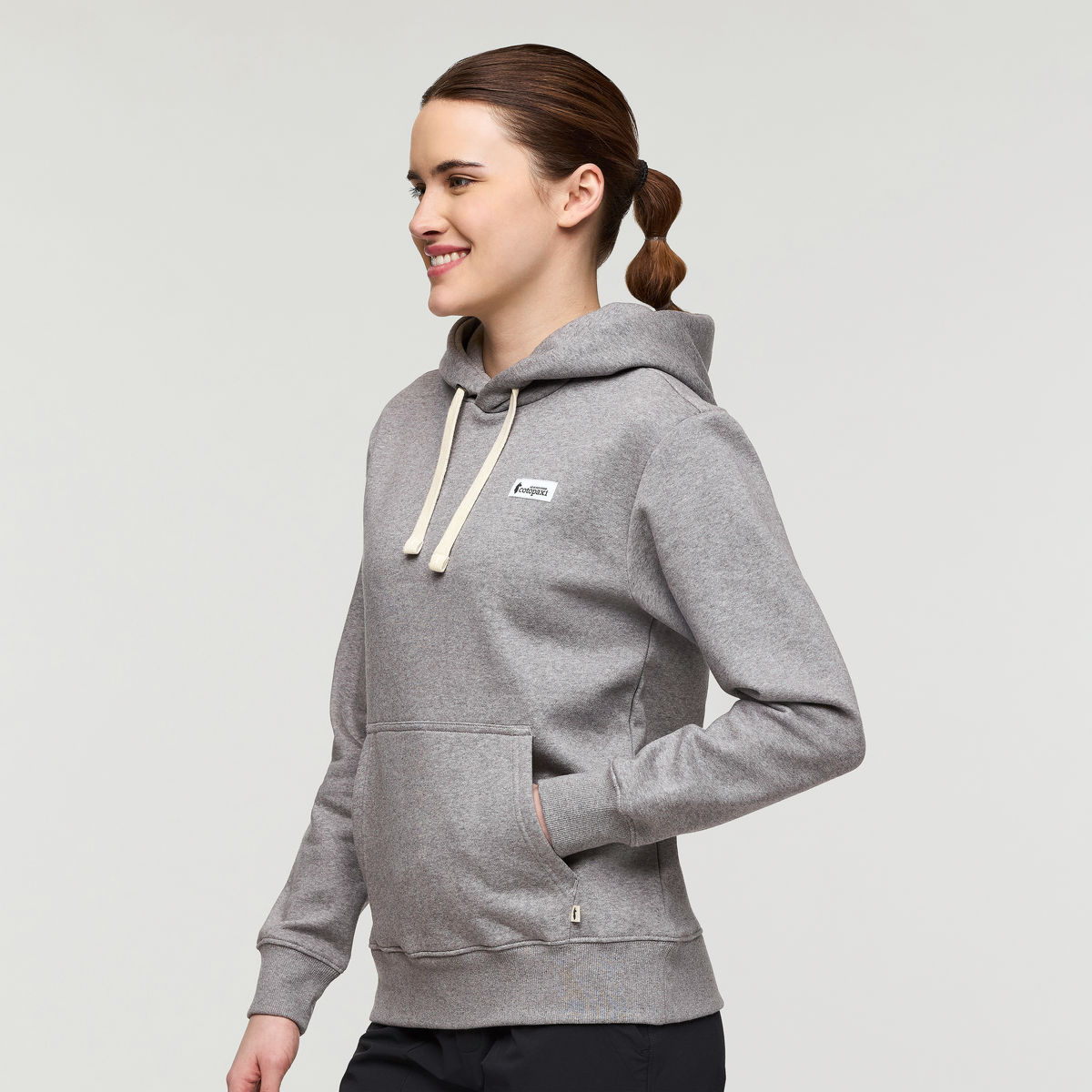 Llama Patch Pullover Hoodie - Women's, Heather Grey, Model Kathleen