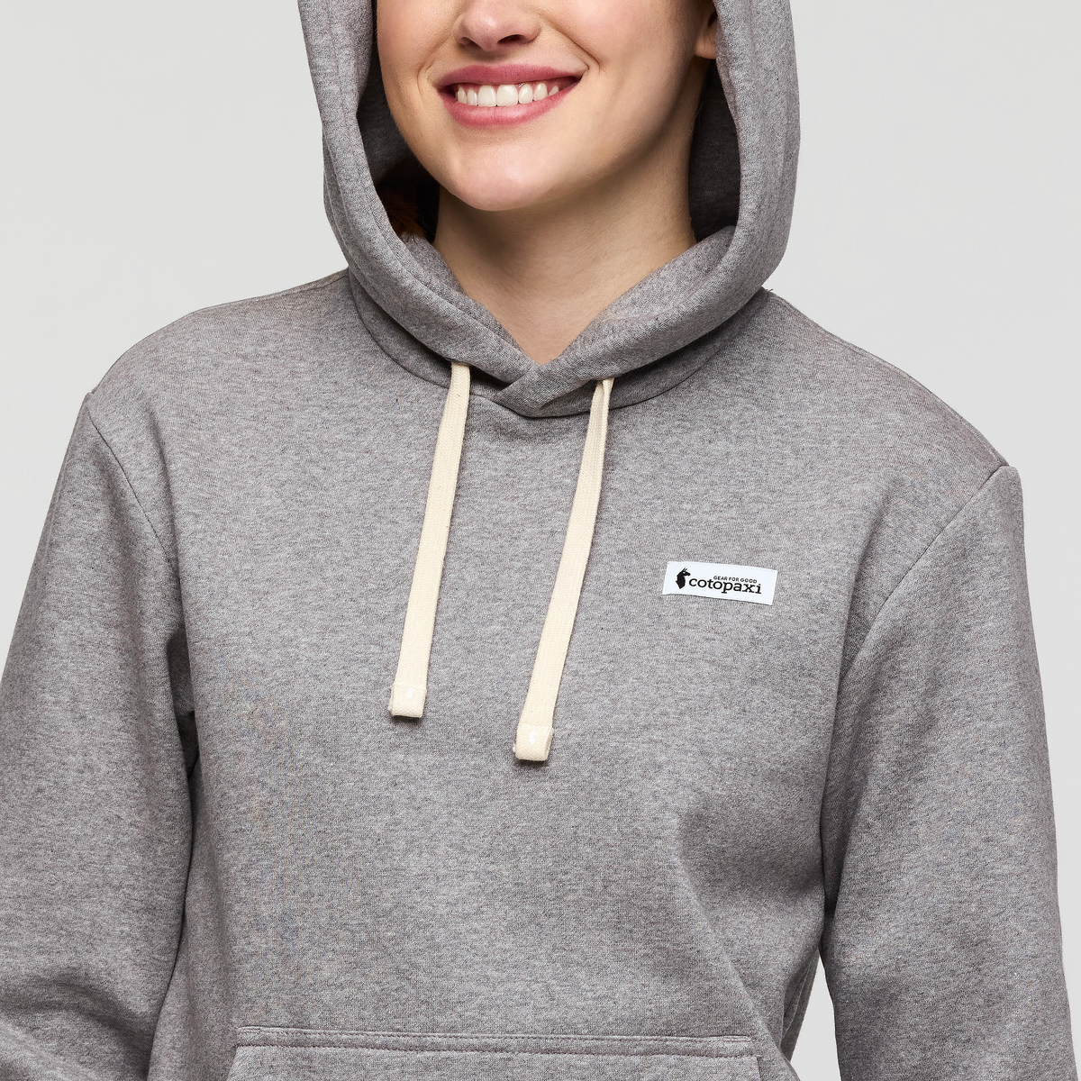 Llama Patch Pullover Hoodie - Women's, Heather Grey, Model Kathleen